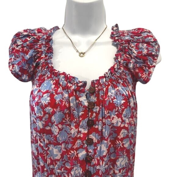 Tiare Hawai Red Hawaiian Floral Maxi Dress Button Bodice Fit and Flare High Low‎ - Picture 1 of 15
